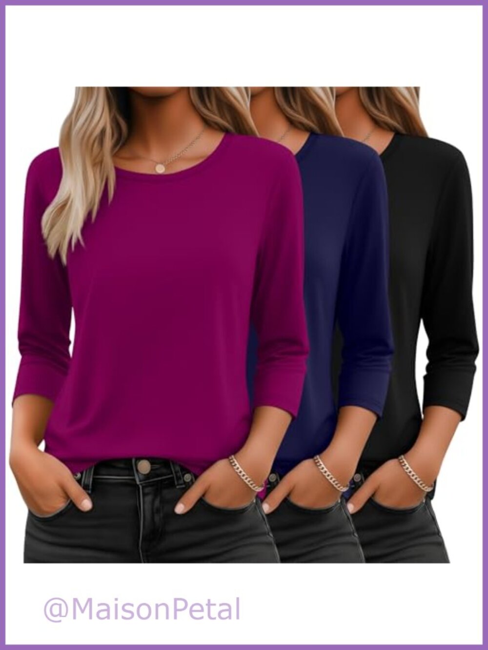 3 Pack 3/4 Sleeve Tops for Women Crewneck T-Shirts Loose Fit Basic